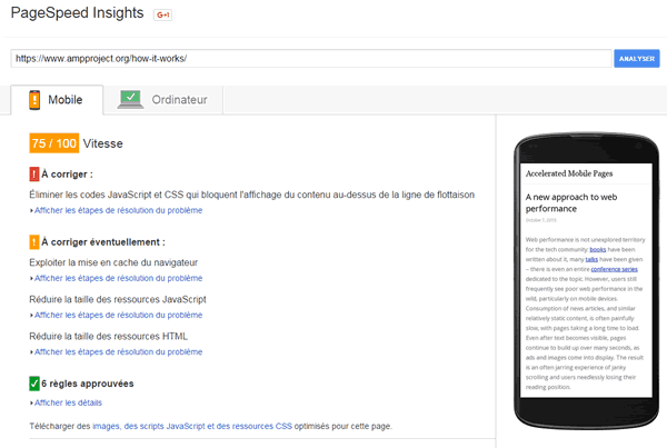 AMP HTML testé sous Pagespeed