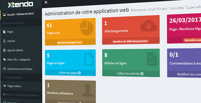 Capture de l'accueil de l'administration du CMS Xtendo